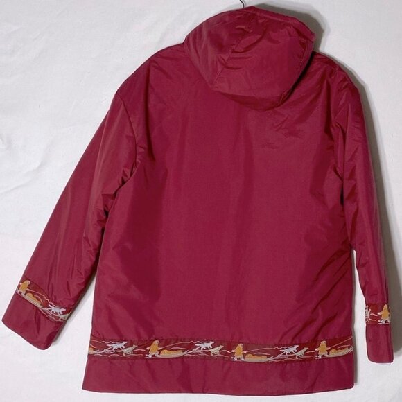 Handmade Burgundy Snow Storm Jacket Parka With Jacquard Dogsled Trim L - Picture 2 of 11